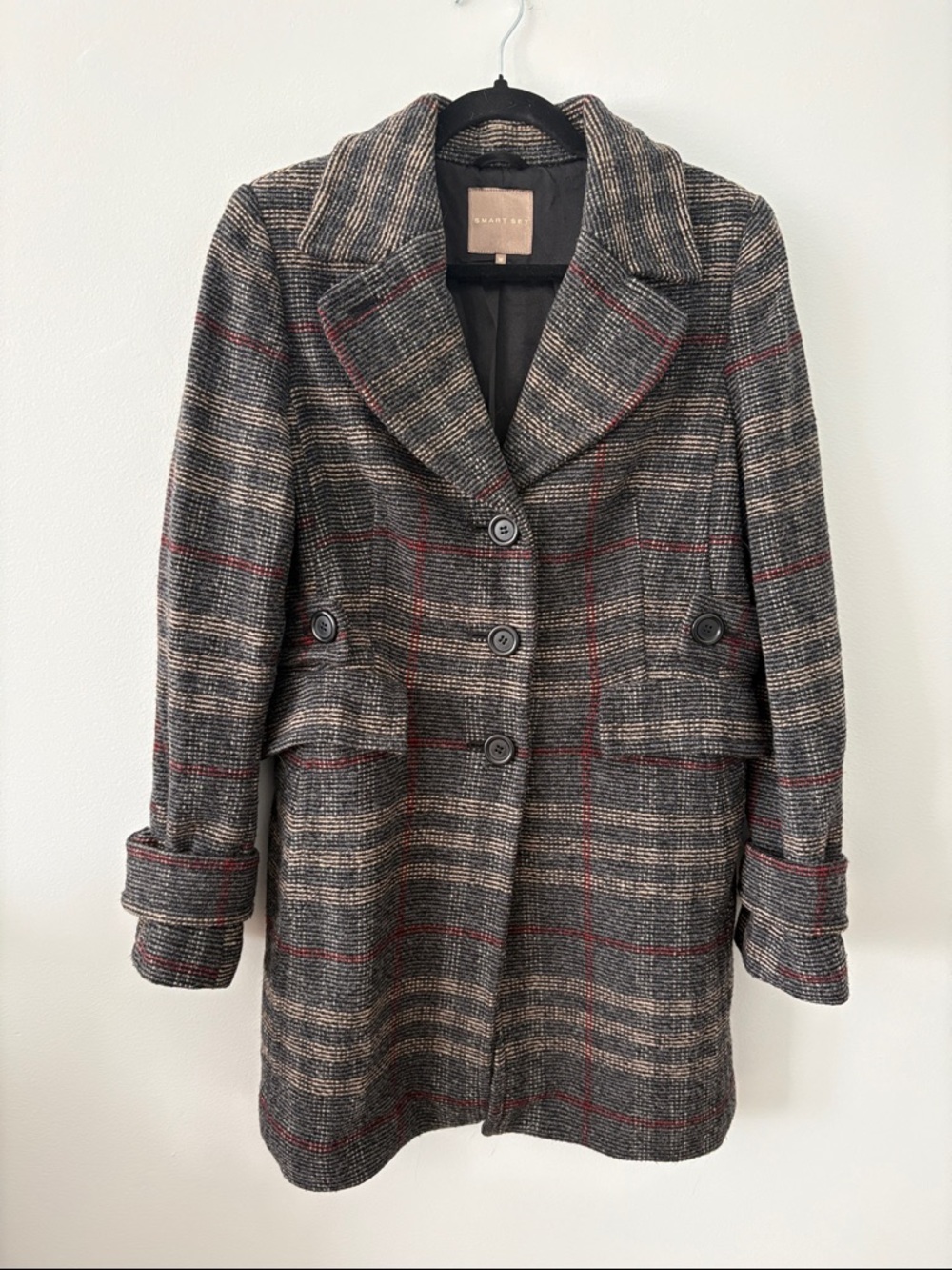 Smart Set Gray Plaid Peacoat with Red Windowpane